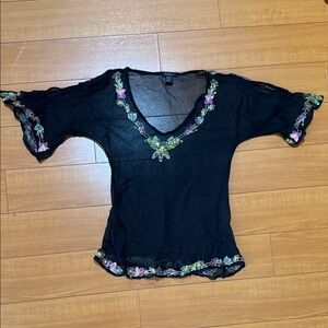 Embroidered Black Sheer Women's Top